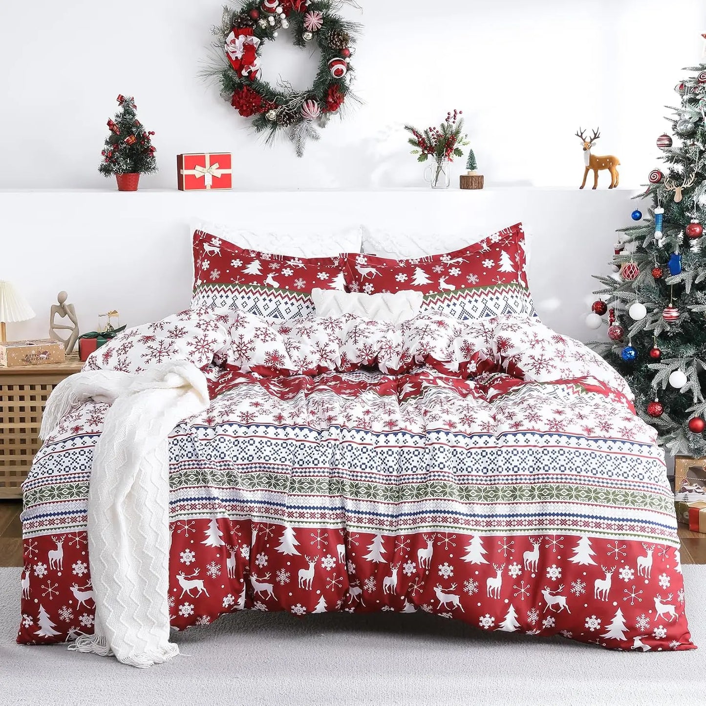 Christmas Duvet Cover Queen/King Size Boho Holiday Printed Duvet Cover Set Soft and Breathable Christmas Decorations Bedding Set