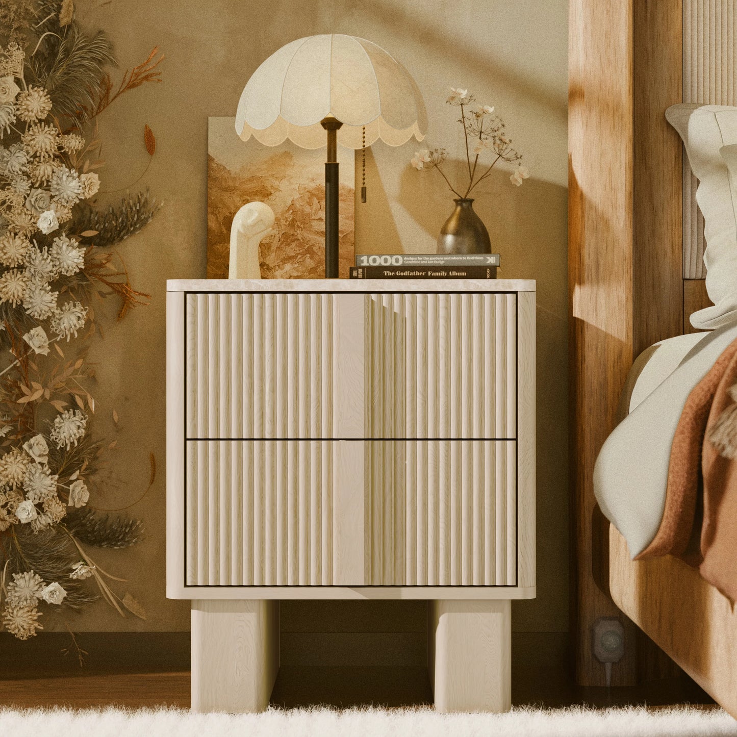 GEGOFORU Set of 2 Fluted Nightstands w/ Charging, 2-Drawer End Tables w/ Reinforced Legs, Whitewashed Oak for Bedroom