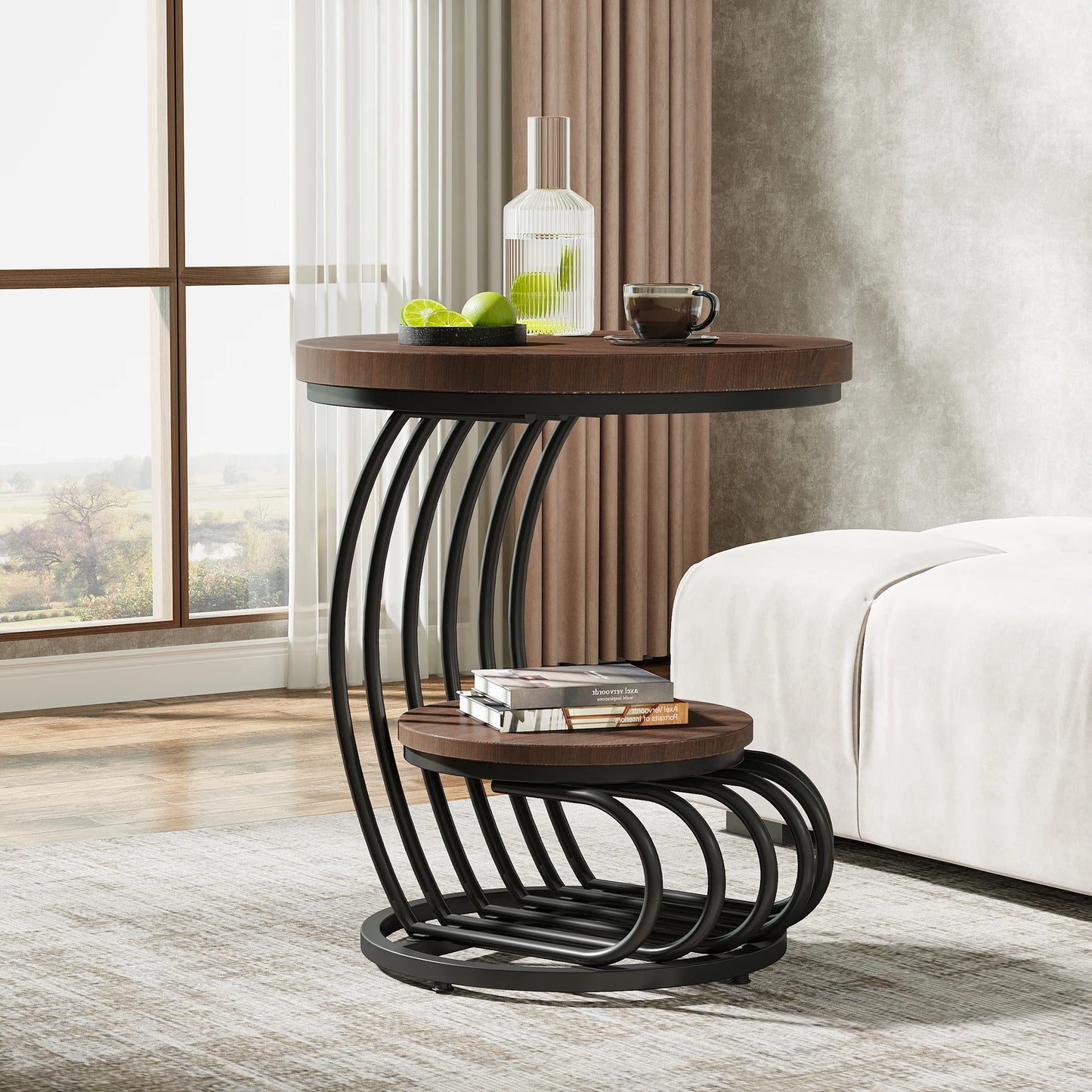Tribesigns Gold Round End Table: 2 Tiers Faux Marble Side Table with Storage Shelf, Modern White Gold Bedside Nightstand (Multiple colors)