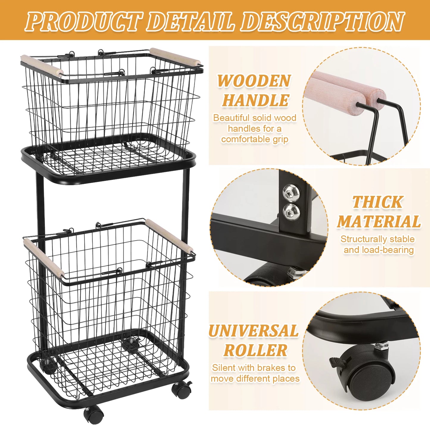 2 Tier Wire Laundry Hamper Cart with Wheels Laundry Hamper Trolley Laundry Clothes Basket for Laundry Room Bathroom Bedroom