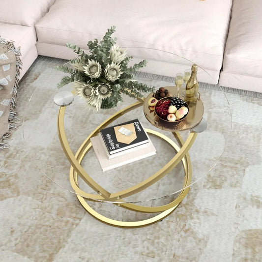 31" Glass Coffee Table, Modern End Table with Ring Gold Metal Frame, Round Glass Coffee Table for Decoration, Small Gold Coffee (Multiple colors)