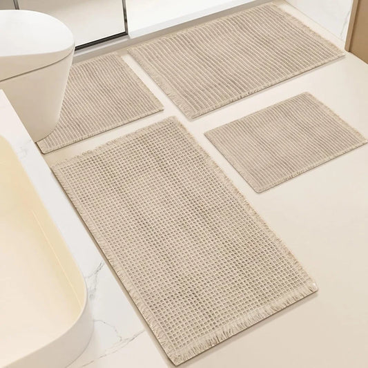 4 Pcs Waffle Bathroom Mat, Non Slip Waffle Bath Mat Quick Dry Rug Runner Thin Bathroom Carpet, Extra Soft Rugs Sets
