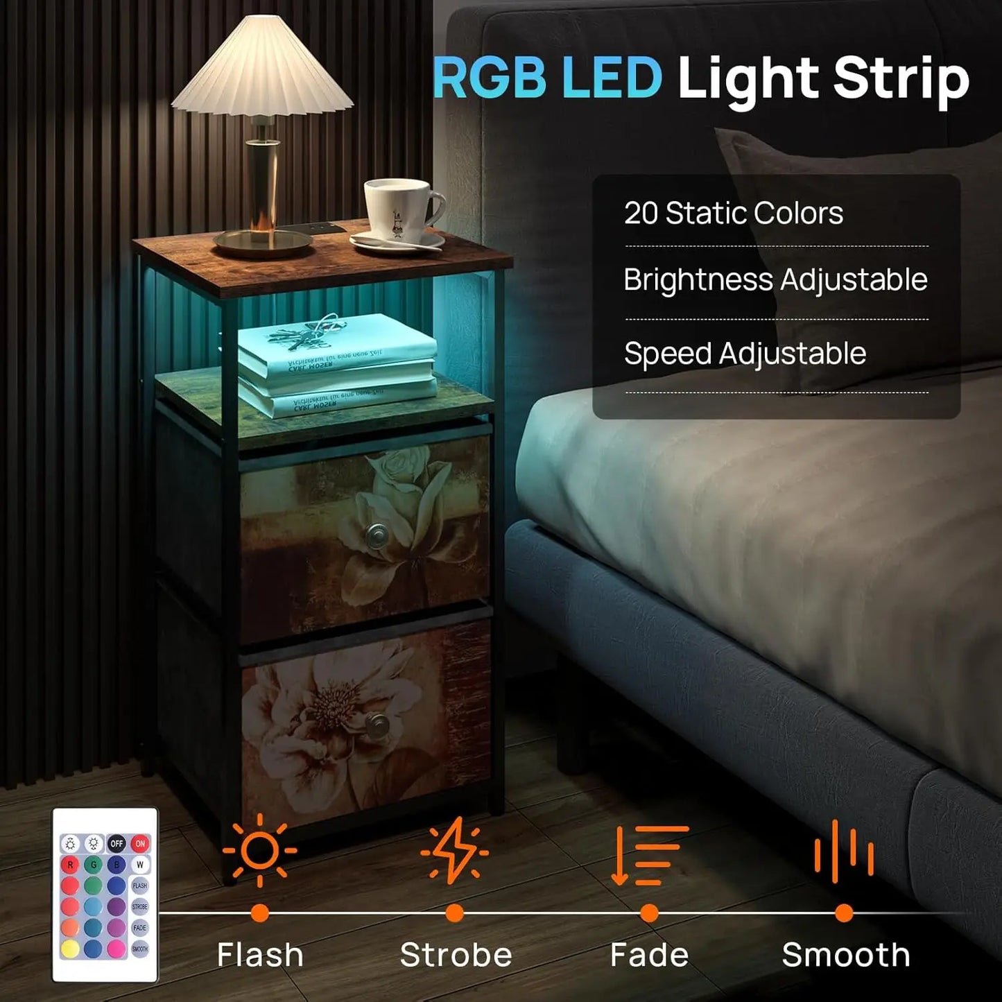 nightstand Set of 2 with Charging Station, LED Bedside Table w/USB Ports & Outlets,End Table w/2 Fabric Drawers and Open Shelf