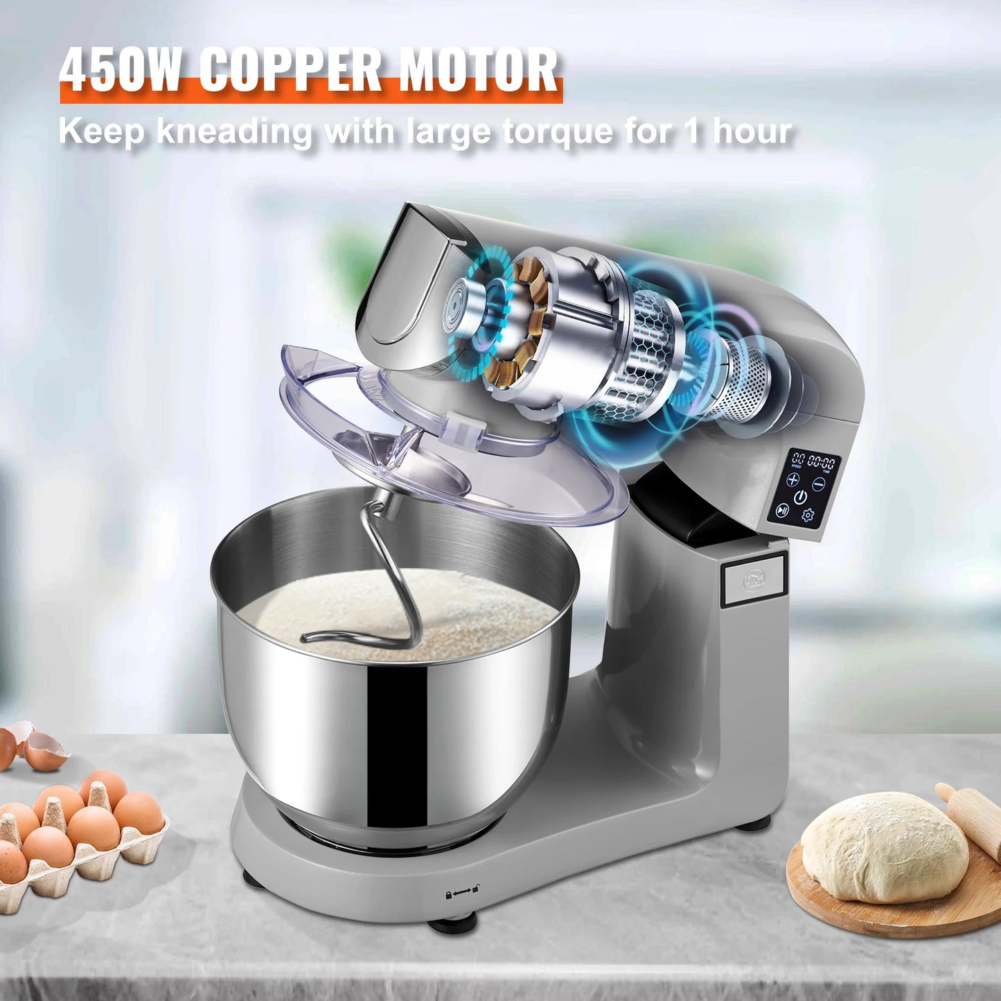 SucceBuy 6inch 1 Stand Mixer 450W Tilt-Head Multifunctional Electric Mixer with 6 Speeds LCD Screen Timing 7.4Qt Stainless Bowl