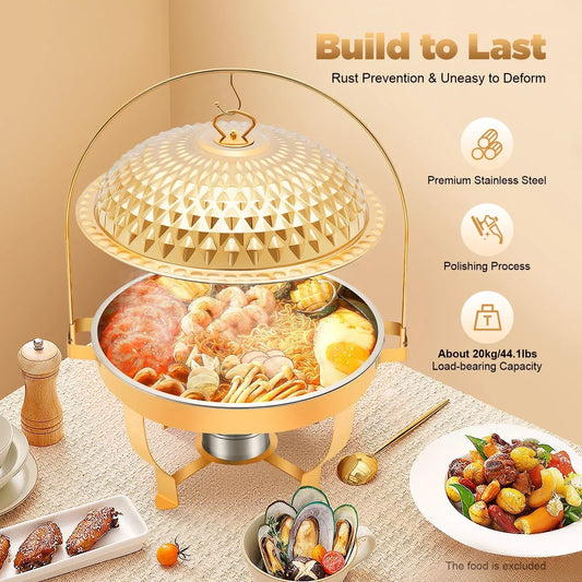 8.5Qt /8L Chafing Dishes for Buffet Stainless Steel Round Buffet Chafer, Gold Hanging Lid Dining Stove, Buffet Server