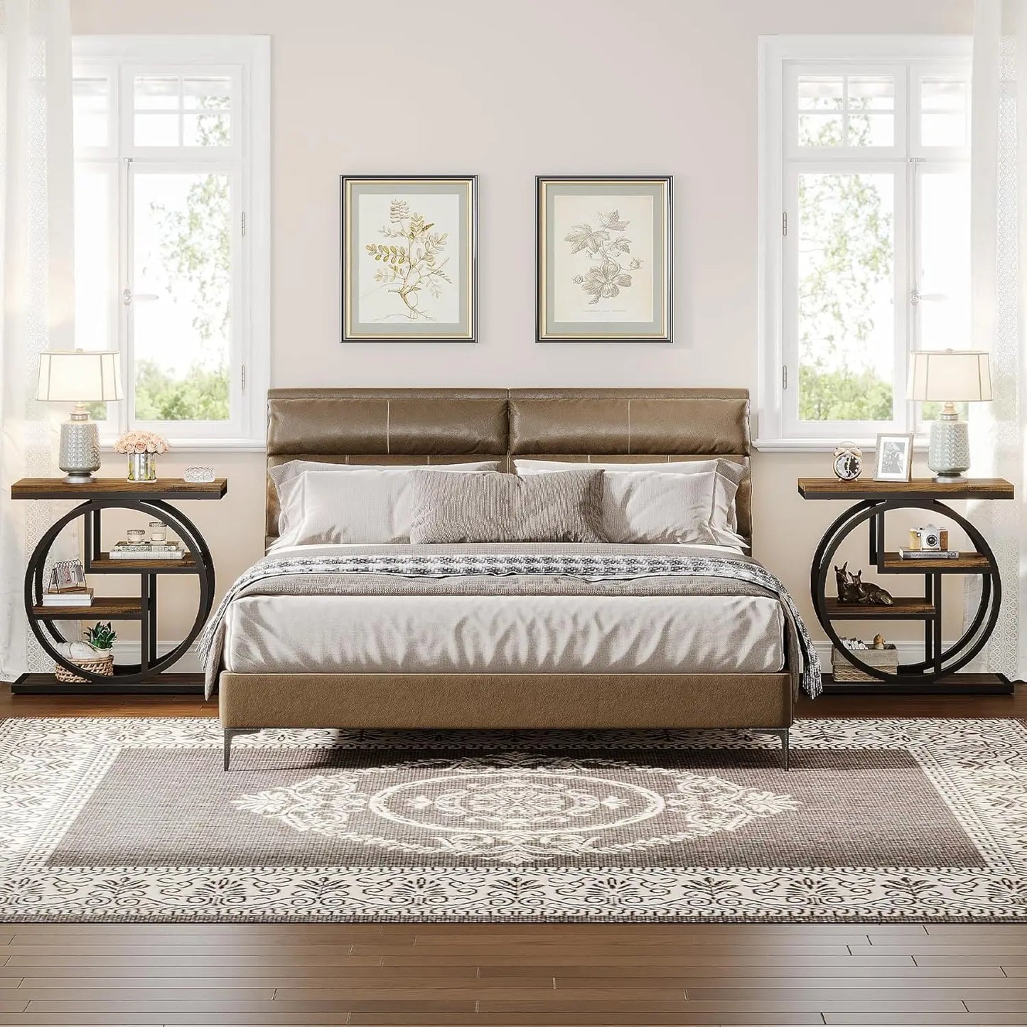 End Table Set of 2, 4-Tier Narrow Side Table with Storage Shelves, Wood Small Sofa Side Table with Geometric Metal Frame