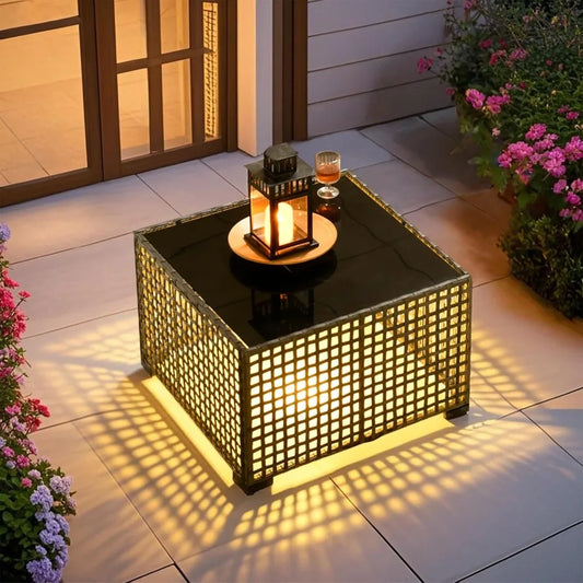 ovios Outdoor Side Table with Tempered Glass Top, Patio Wicker Solar Table, Rattan Bistro End Table for Porch Deck Balcony Garden