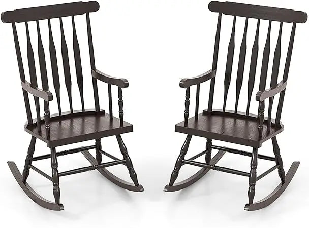 Outdoor Wood Rocking Chair Set of 2 - Patio Rocking Chair with Rubber Wood Frame, Slat Back, Outside & Indoor Rocker for Garden