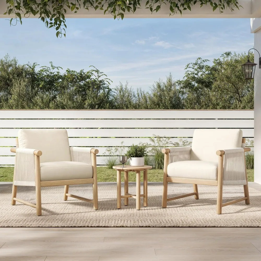 3 Pieces Boho Patio Rattan Bistro Set, Outdoor Wicker Chairs & Side Table Set with Acacia Wood Frame(Cream)