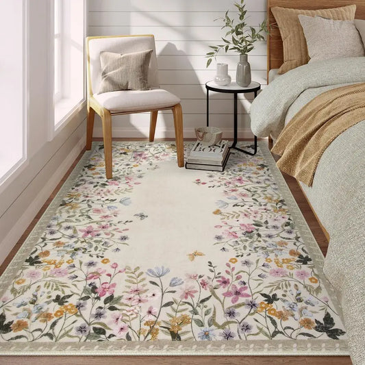 Washable 4x6 Rug for Bedroom, Floral Print Area Rug for Living Room, NonSlip Entryway Throw Mat, Low Pile Botanical Area Rug