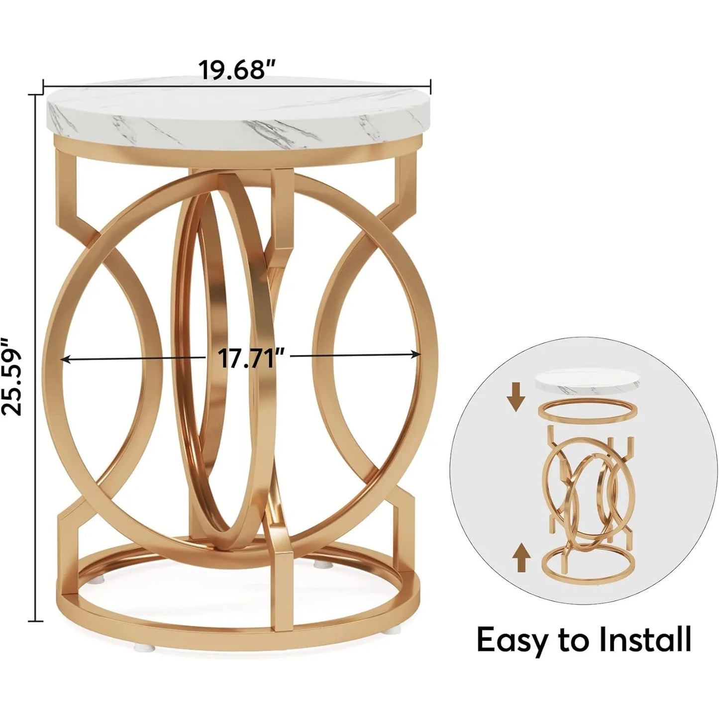 Round End Table - Multifunctional Accent Side Table, Modern White Gold Nightstand With Faux Marble Tabletop, Bedside for Bedroom