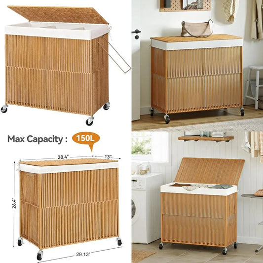Rolling Laundry Basket with Lid, 160L Capacity, 3-Section Handwoven Hamper with Removable Line for Clothes, Wheeled Organizer