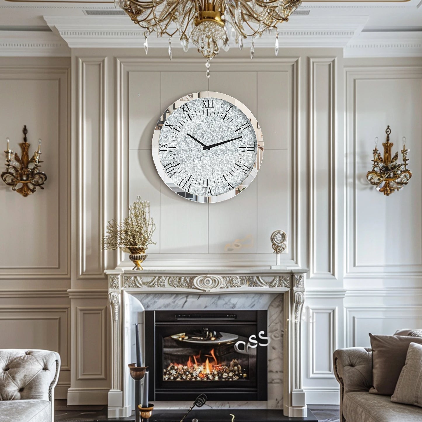 60x60CM Crystal Crush Diamond Mirrored Round Wall Clock for Home Decor Silver Mirror Quartz Clock with Beveled Glass Edging