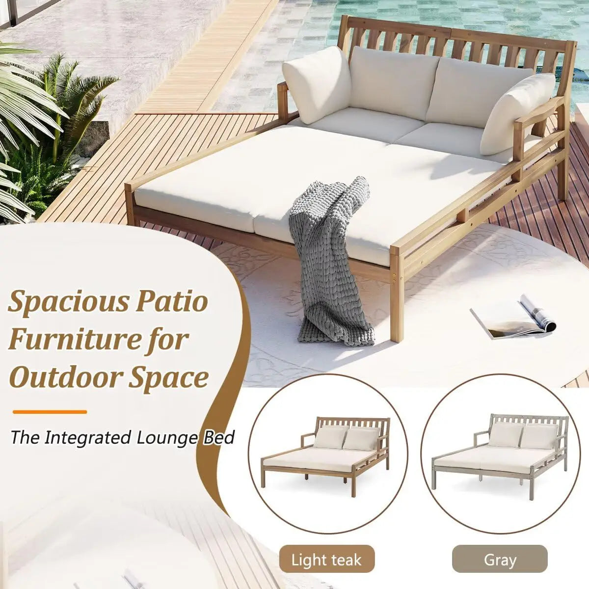 Outdoor Daybed Patio Daybed with Four Pillows Wooden Outdoor Bed with Curved Armrests for Poolside Backyard Garden