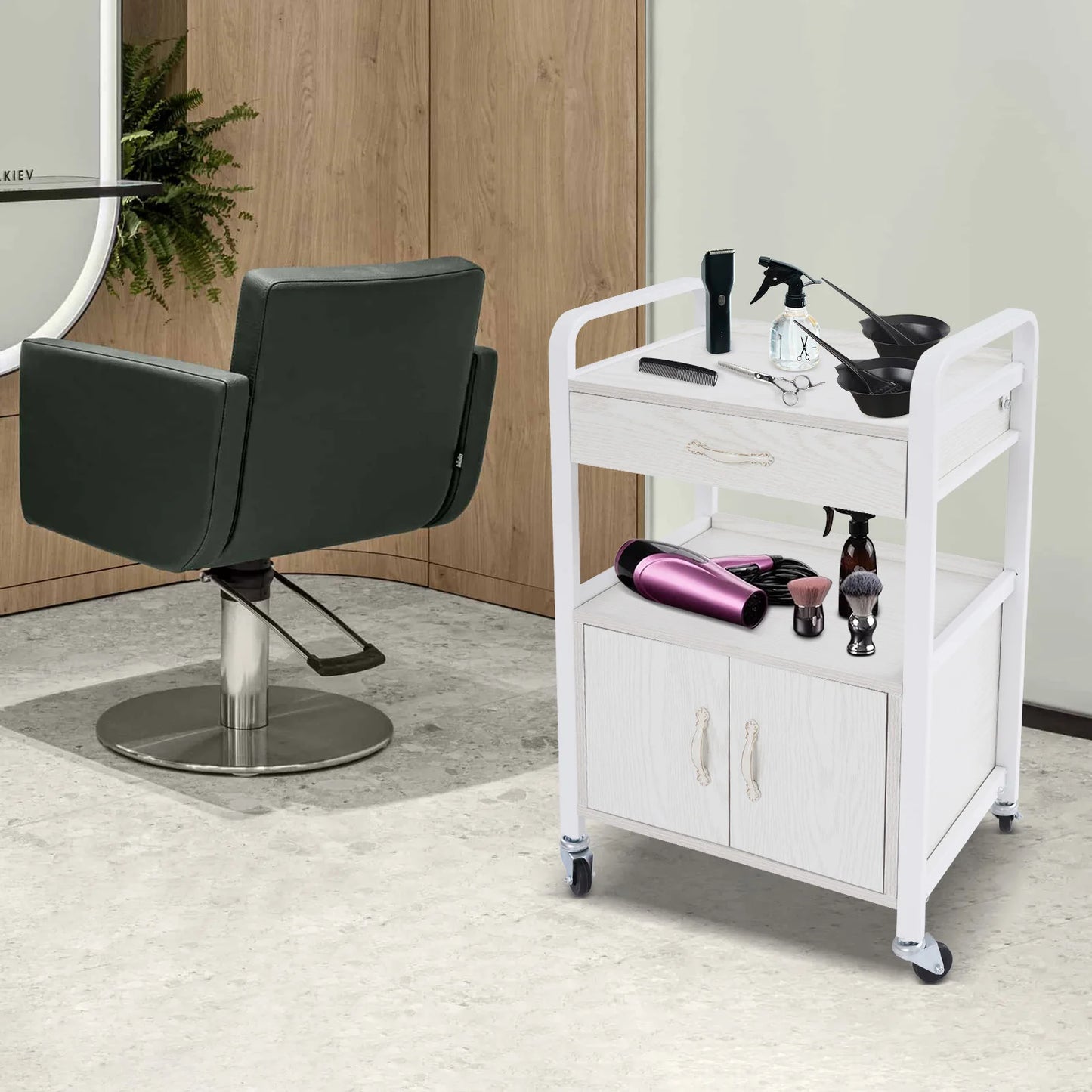 Salon High-density Wood Panels Storage Cart,White Rectangle Free Standing Movable Beauty Organizer