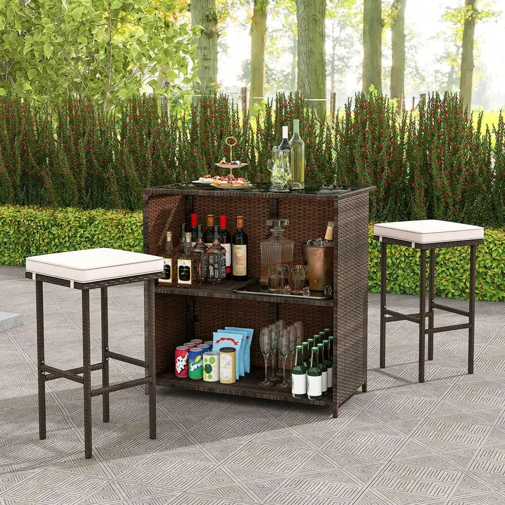 3 Pieces Patio Bar Set PE Wicker Outdoor Bar Table & Stools Set