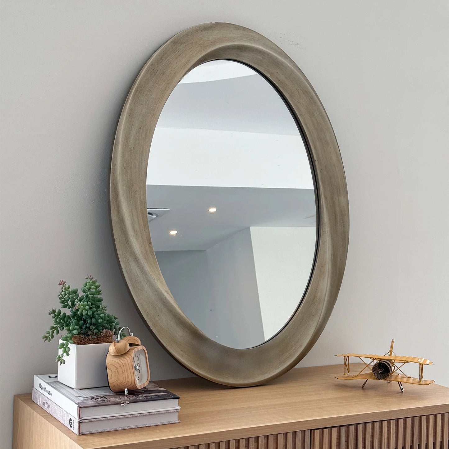 Large Oval Wall Mirror Baroque Mirror Silver Glass Vanity with Brass Edge Frame for Modern Home Minimalism Art Decor 32x24 inch
