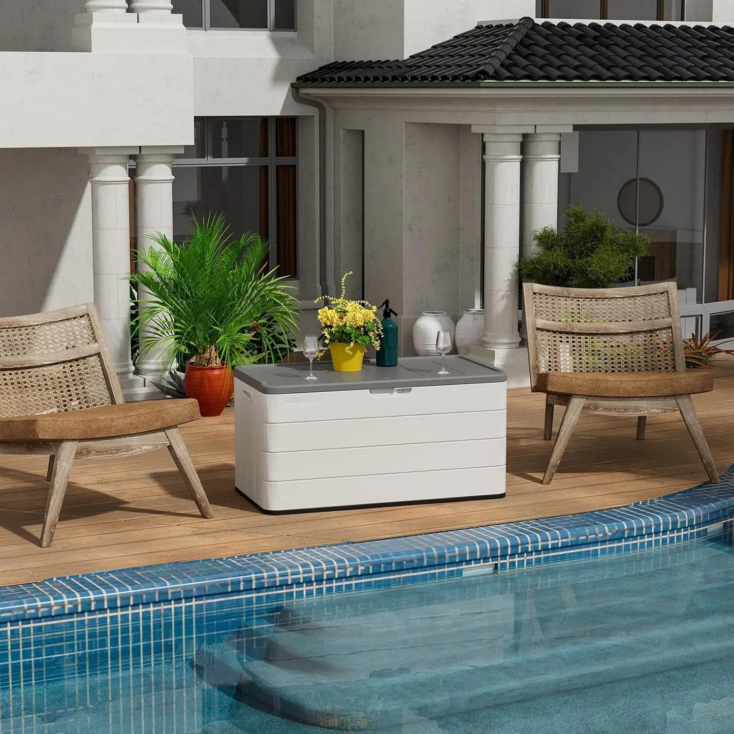 Large Resin Deck Box Lockable Outdoor Garden Storage Box Waterproof Elegant Storage Bench for Cushions Garden Tools