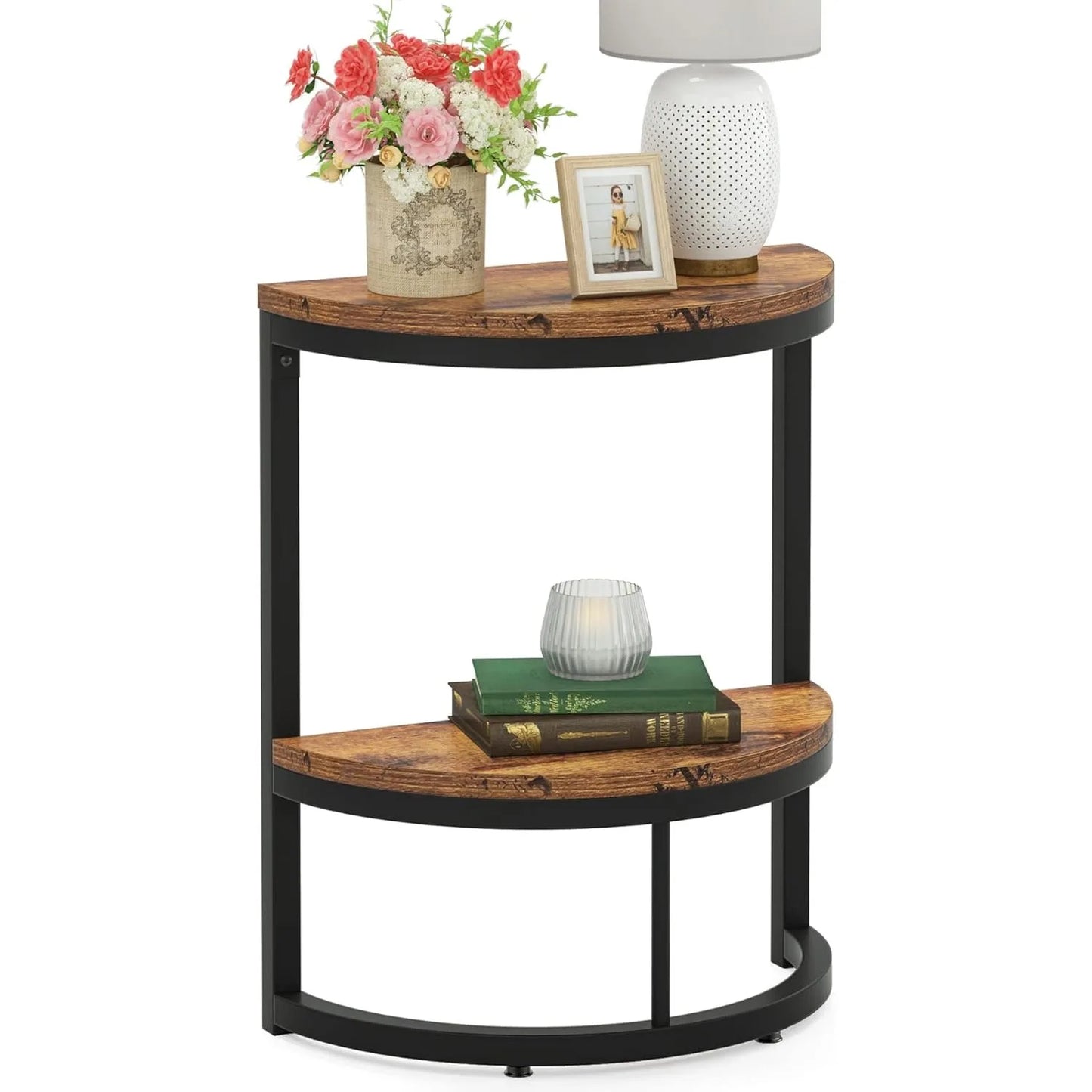 2-Tier End Table Semi Circle, Half Round Side Table with Storage Shelf, Wood Accent Table Slim C Table for Sofa Couch (Multiple colors)