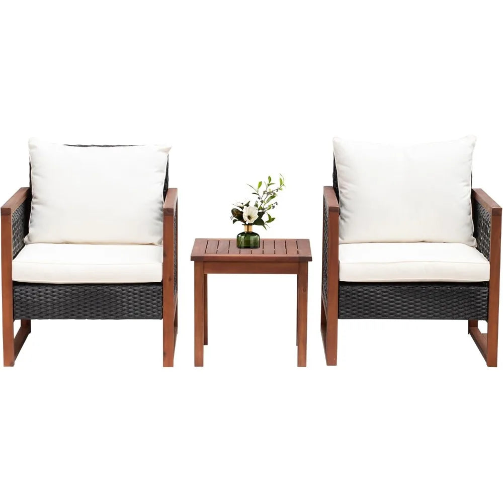 Outdoor Patio Furniture Set Modern Rattan Bistro Conversation Set with Acacia Wood Frame, Coffee Table, Water-Resistant Cushions