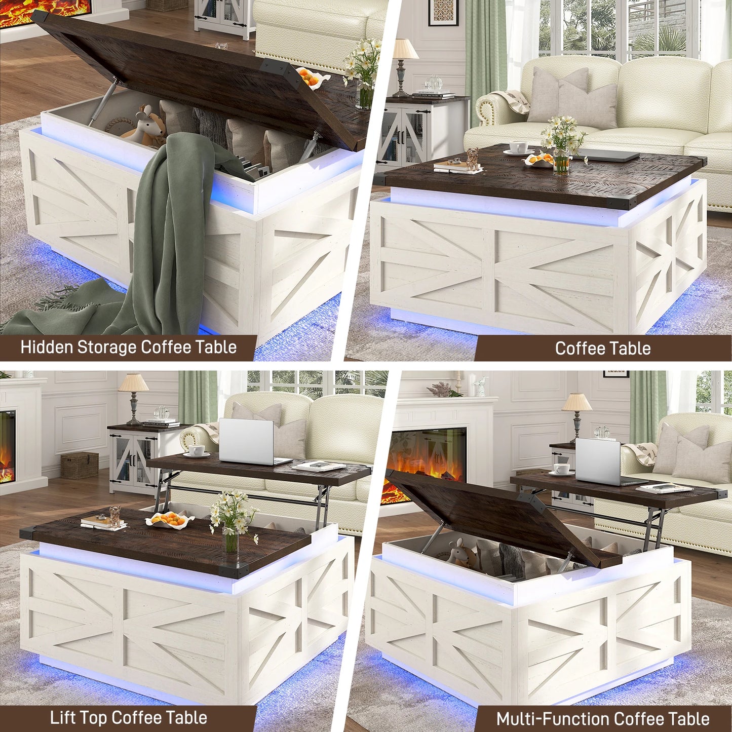 35.8" Farmhouse Lift Top Coffee Table with Storage, Square Coffee Table with LED Lights, Wood Center Table with Hidden Storage