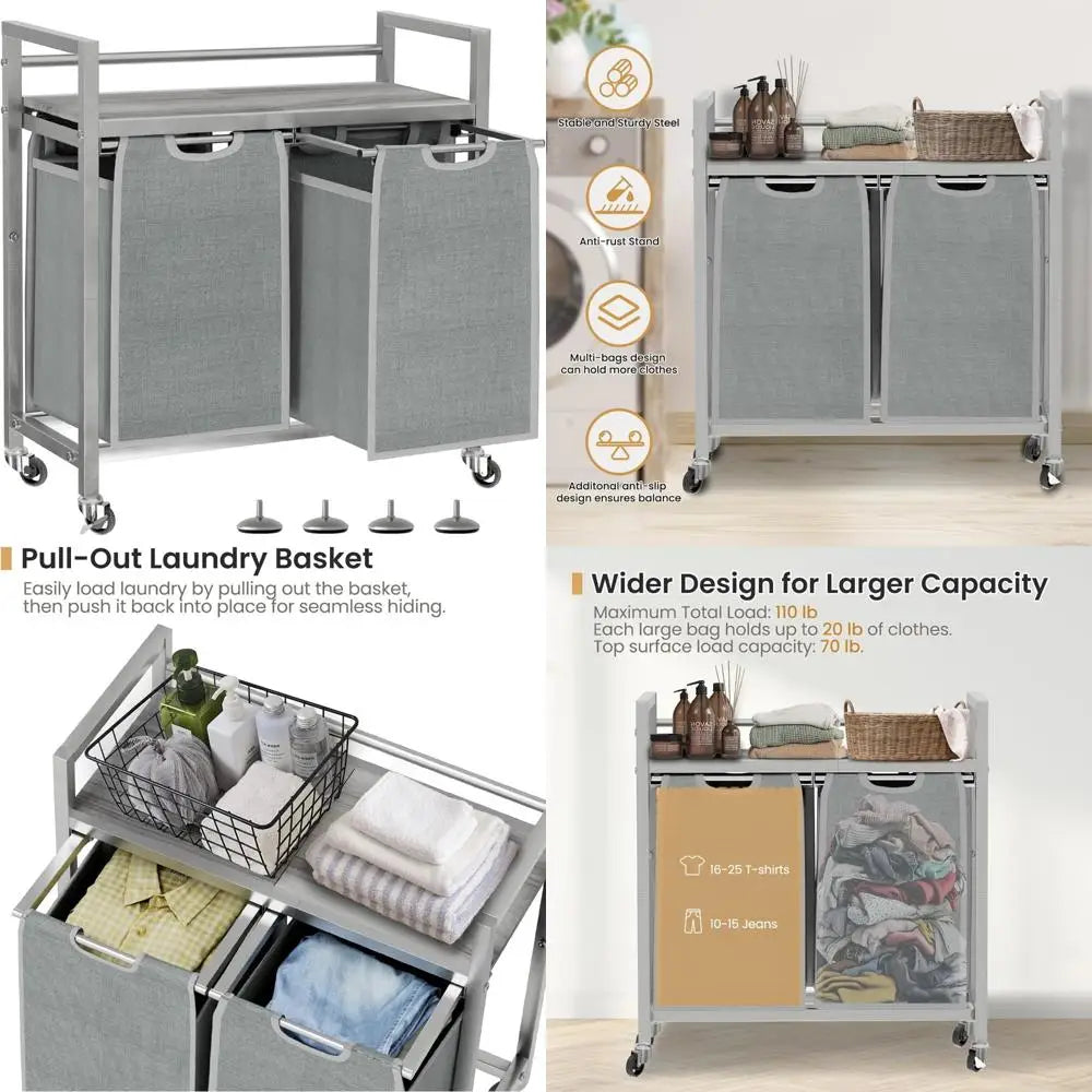 3-Bag Laundry Sorter with Wheels and Shelf, Portable Clothes Organizer Hamper Basket for Efficient Laundry