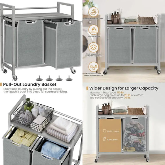 3-Bag Laundry Sorter with Wheels and Shelf, Portable Clothes Organizer Hamper Basket for Efficient Laundry