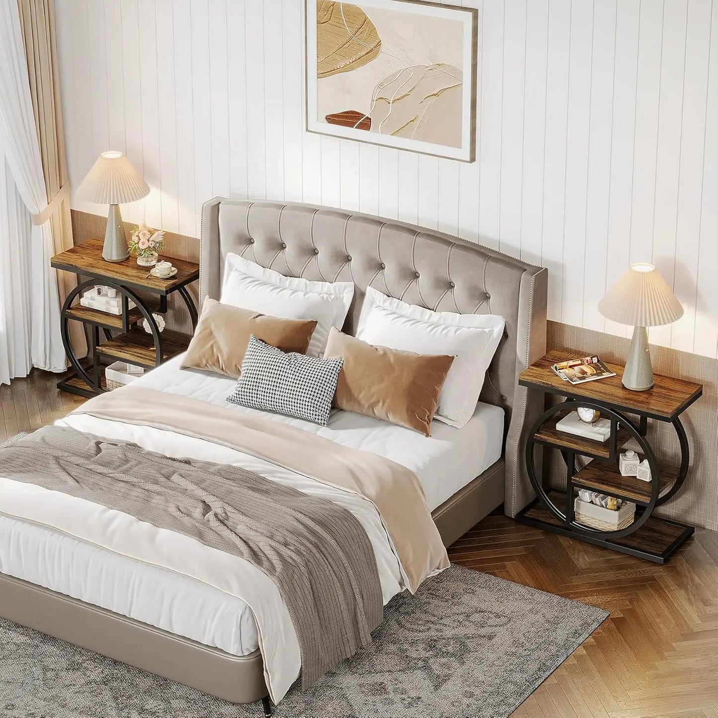 End Table Set of 2, 4-Tier Narrow Side Table with Storage Shelves, Wood Small Sofa Side Table with Geometric Metal Frame