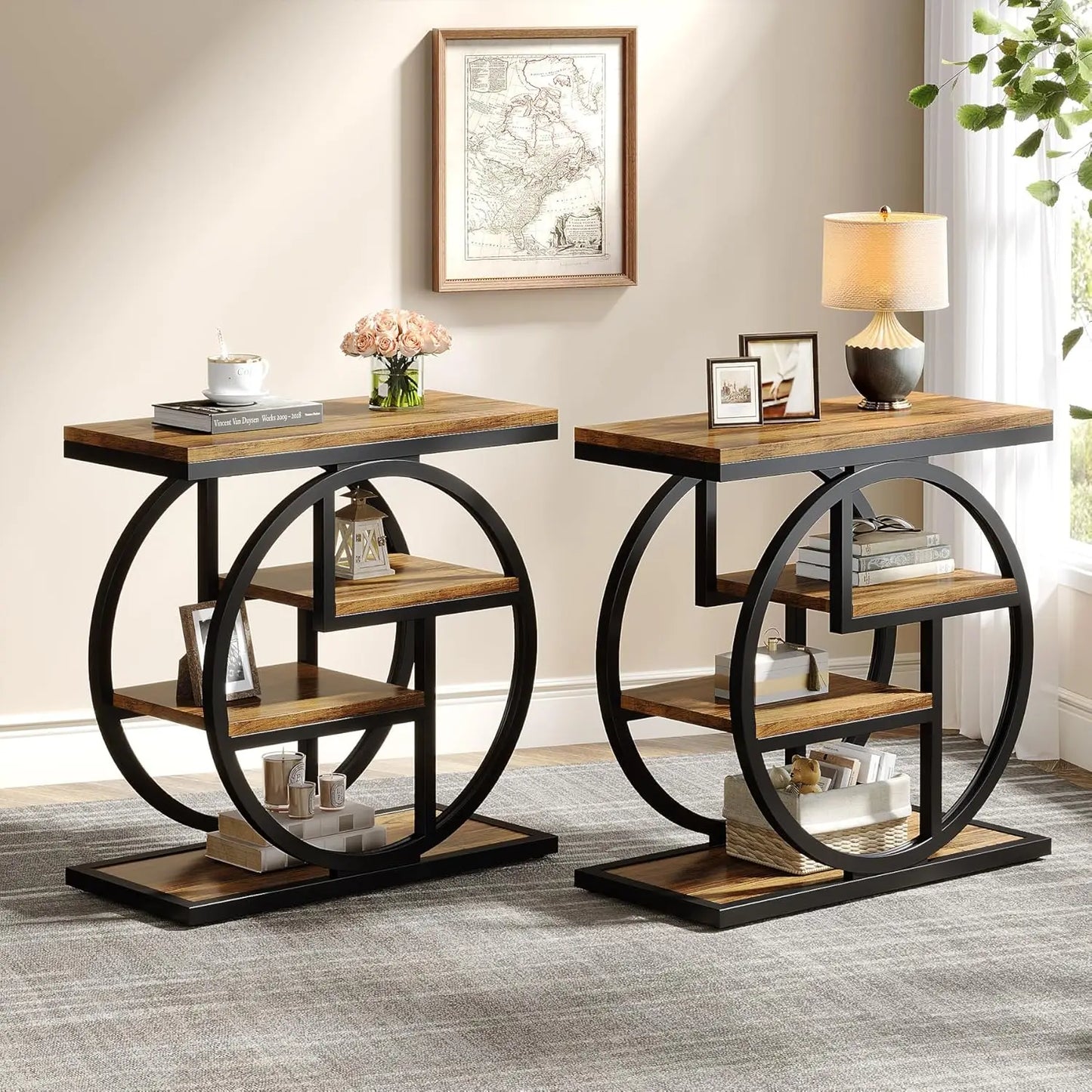 End Table Set of 2, 4-Tier Narrow Side Table with Storage Shelves, Wood Small Sofa Side Table with Geometric Metal Frame