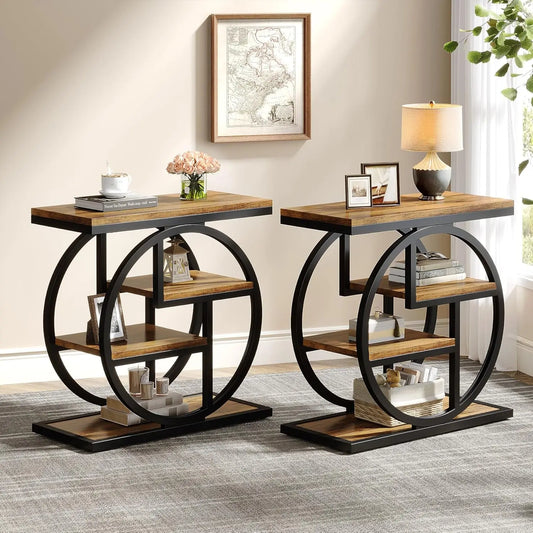 End Table Set of 2, 4-Tier Narrow Side Table with Storage Shelves, Wood Small Sofa Side Table with Geometric Metal Frame