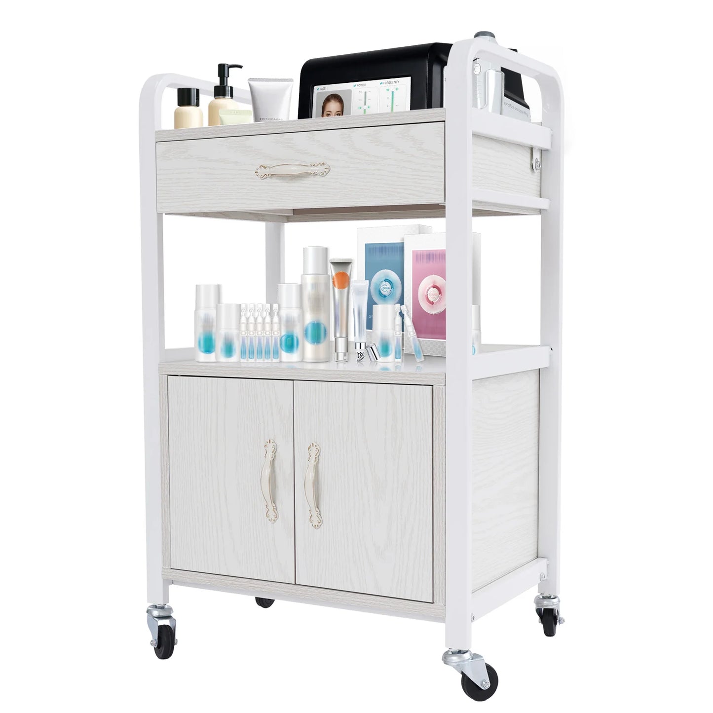Salon High-density Wood Panels Storage Cart,White Rectangle Free Standing Movable Beauty Organizer