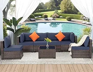 7 piece outdoor wicker patio furniture set, rattan sectional sofa couch, patio conversation set with cushion & coffee table