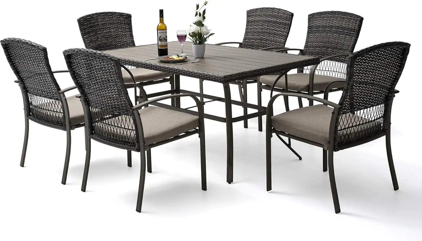 Patio Dining 7 Piece Outdoor Wicker Furniture Set for Backyard Garden Deck Poolside/Iron Slats Table Top Removable Cushions