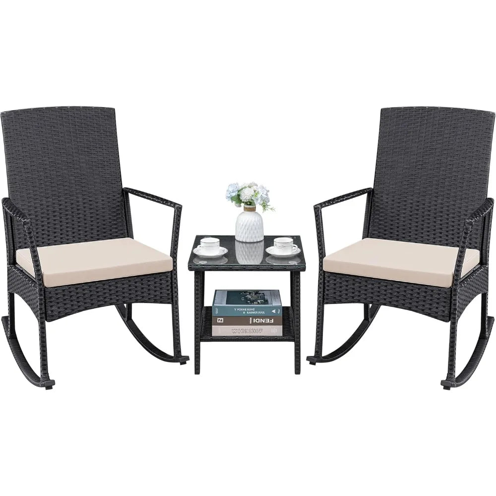 3 Pieces Patio Furniture Set Outdoor Wicker Rocking Chairs with Glass Coffee Table for Garden Backyard Porch Poolside, Beige, Red and Blue