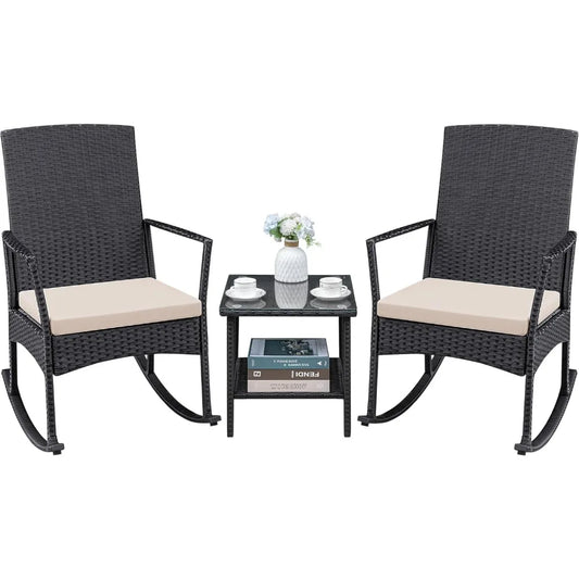 3 Pieces Patio Furniture Set Outdoor Wicker Rocking Chairs with Glass Coffee Table for Garden Backyard Porch Poolside, Beige, Red and Blue