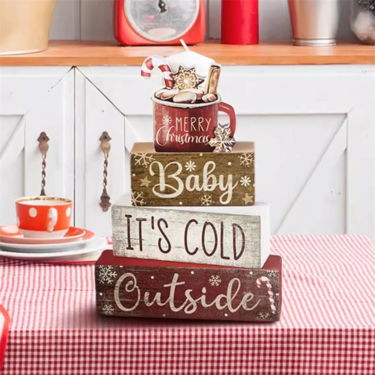 Rustic Christmas Tiered Tray Decor Set with Wooden Festive Text Blocks and Stacked Ornaments for Holiday Home Décor and Parties