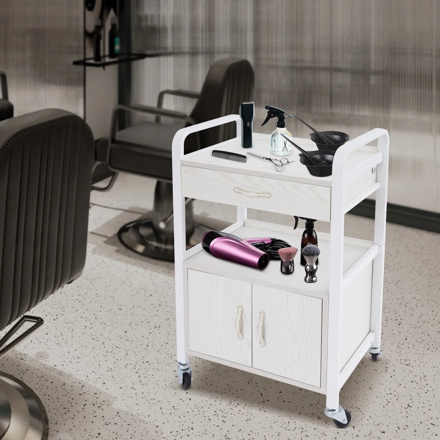 Salon High-density Wood Panels Storage Cart,White Rectangle Free Standing Movable Beauty Organizer