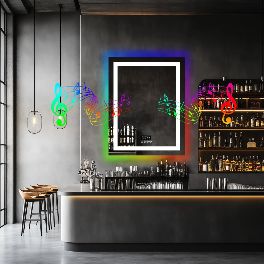 LUVODI 28x36 inch LED Lighted Bathroom Mirror with Bluetooth Speakers High-end Washroom RGB Vanity Mirror with Date Time