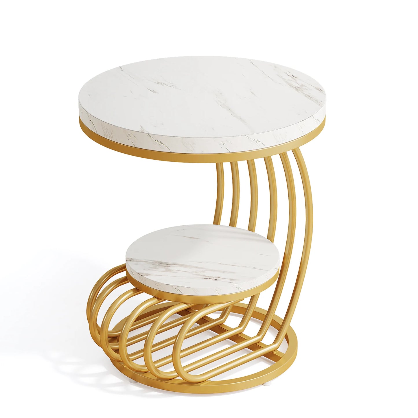 Tribesigns Gold Round End Table: 2 Tiers Faux Marble Side Table with Storage Shelf, Modern White Gold Bedside Nightstand (Multiple colors)