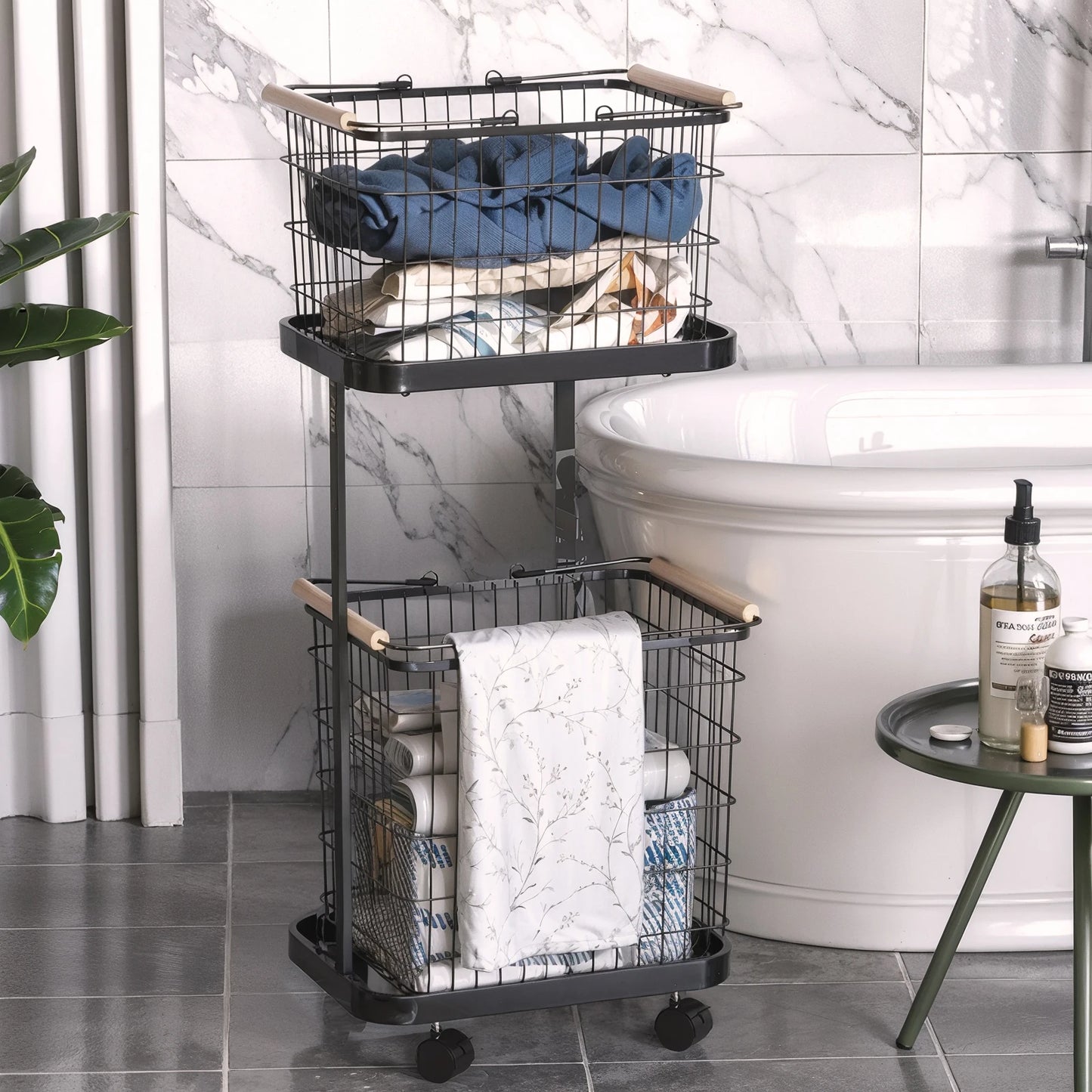 2 Tier Wire Laundry Hamper Cart with Wheels Laundry Hamper Trolley Laundry Clothes Basket for Laundry Room Bathroom Bedroom