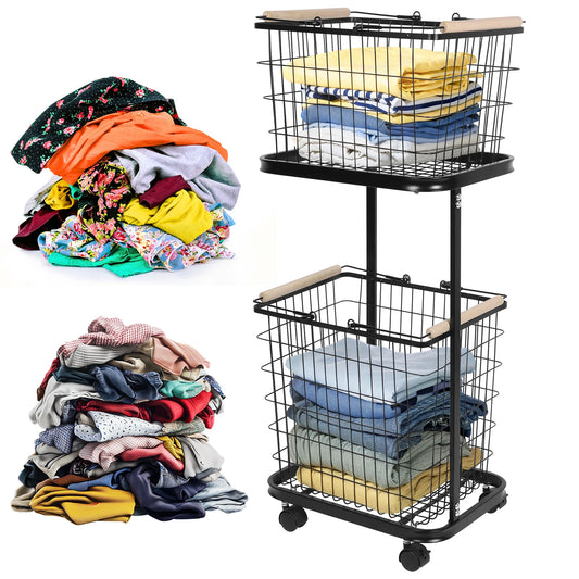 2 Tier Wire Laundry Hamper Cart with Wheels Laundry Hamper Trolley Laundry Clothes Basket for Laundry Room Bathroom Bedroom