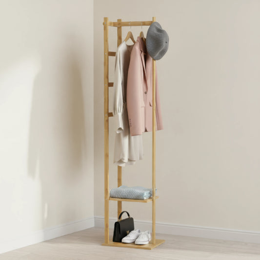 Bamboo Coat Rack Clothes Rack, Freestanding with 2 Shelves and 3 Hooks, Coat Tree for Entryway, Living Room, Coat Hanger Stand