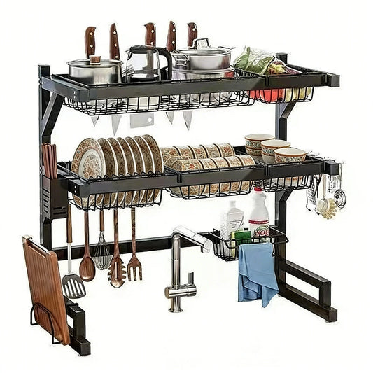 Space-Saving Over Sink Kitchen Dish Drying Rack with Adjustable Shelves and Utensil Holder