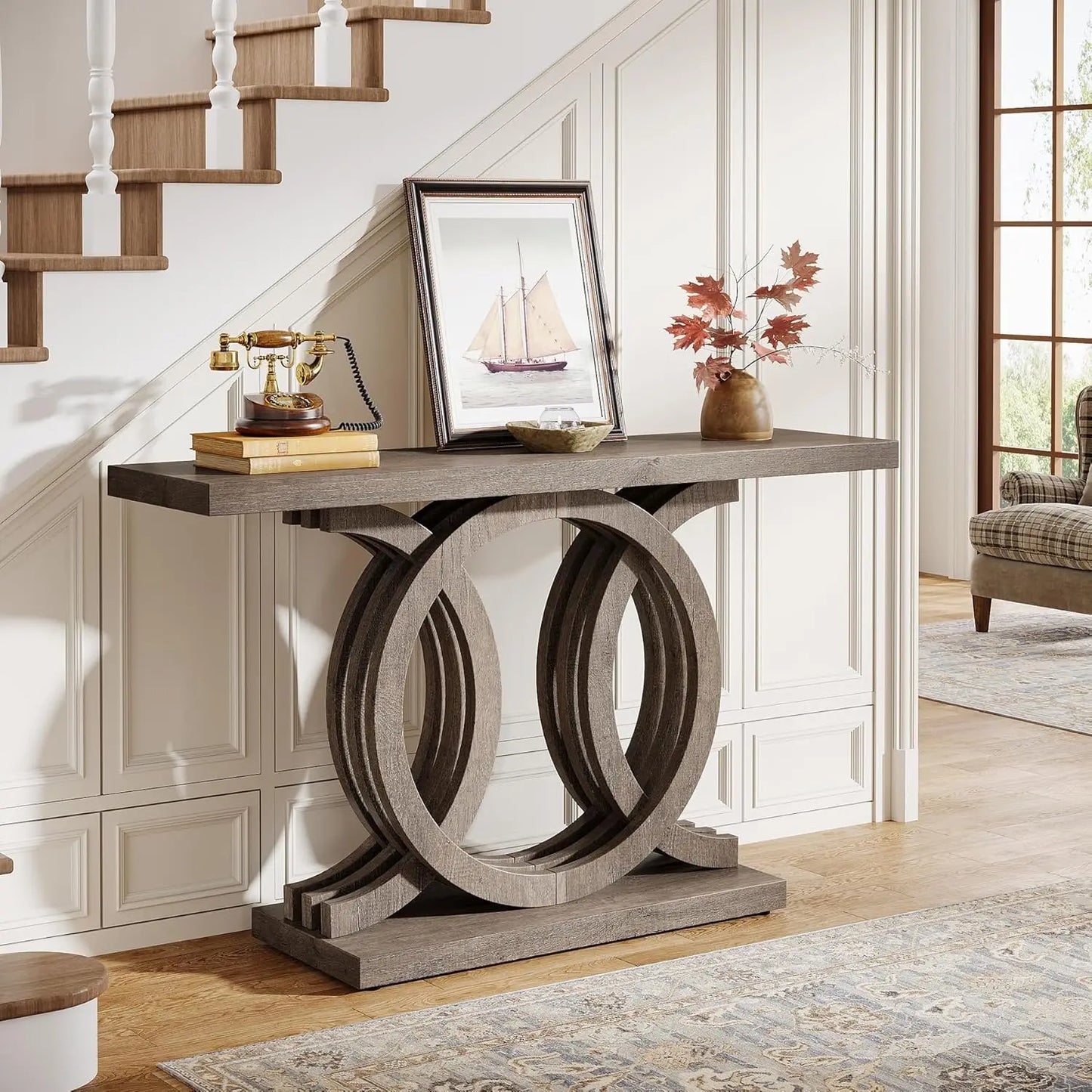 55-Inch Console Table with Geometric Wood Base,Modern Entryway Table with Thick Tabletop for Living Room, Hallway, Foyer (Gray)(Multiple colors)