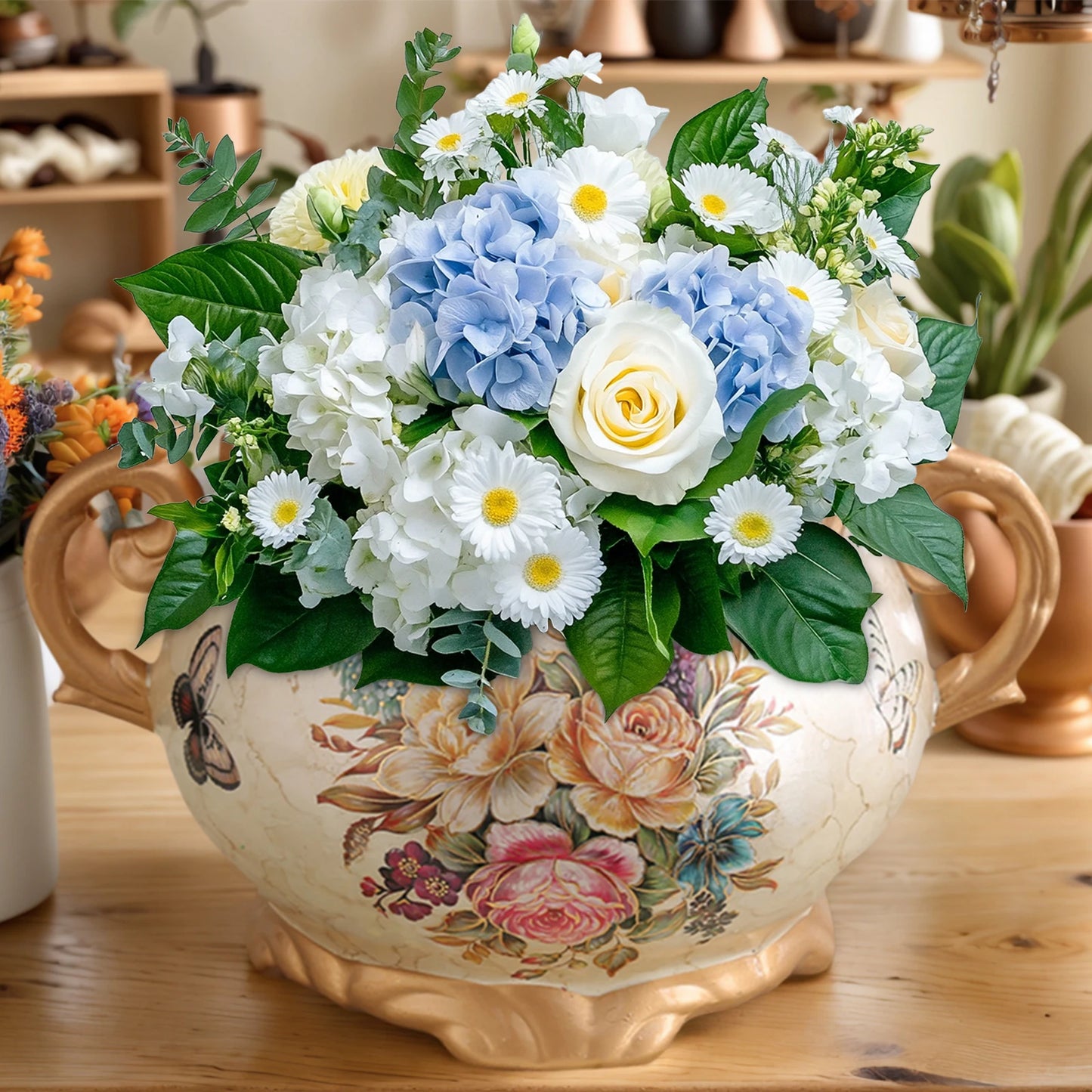 Europe Retro Ceramic Vase with Handle Desktop Flower Arrangement Vase for Home Living Room Dining Room Office Bookshelf