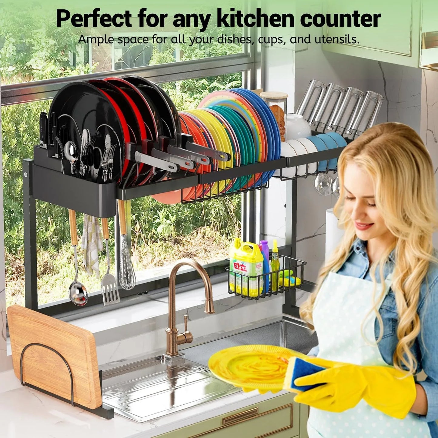 Over The Sink (24"- 32.5" L) Dish Drying Rack (Expandable Dimension) Snap-On Design 2 Tier Kitchen Large Dish Drainer Counter