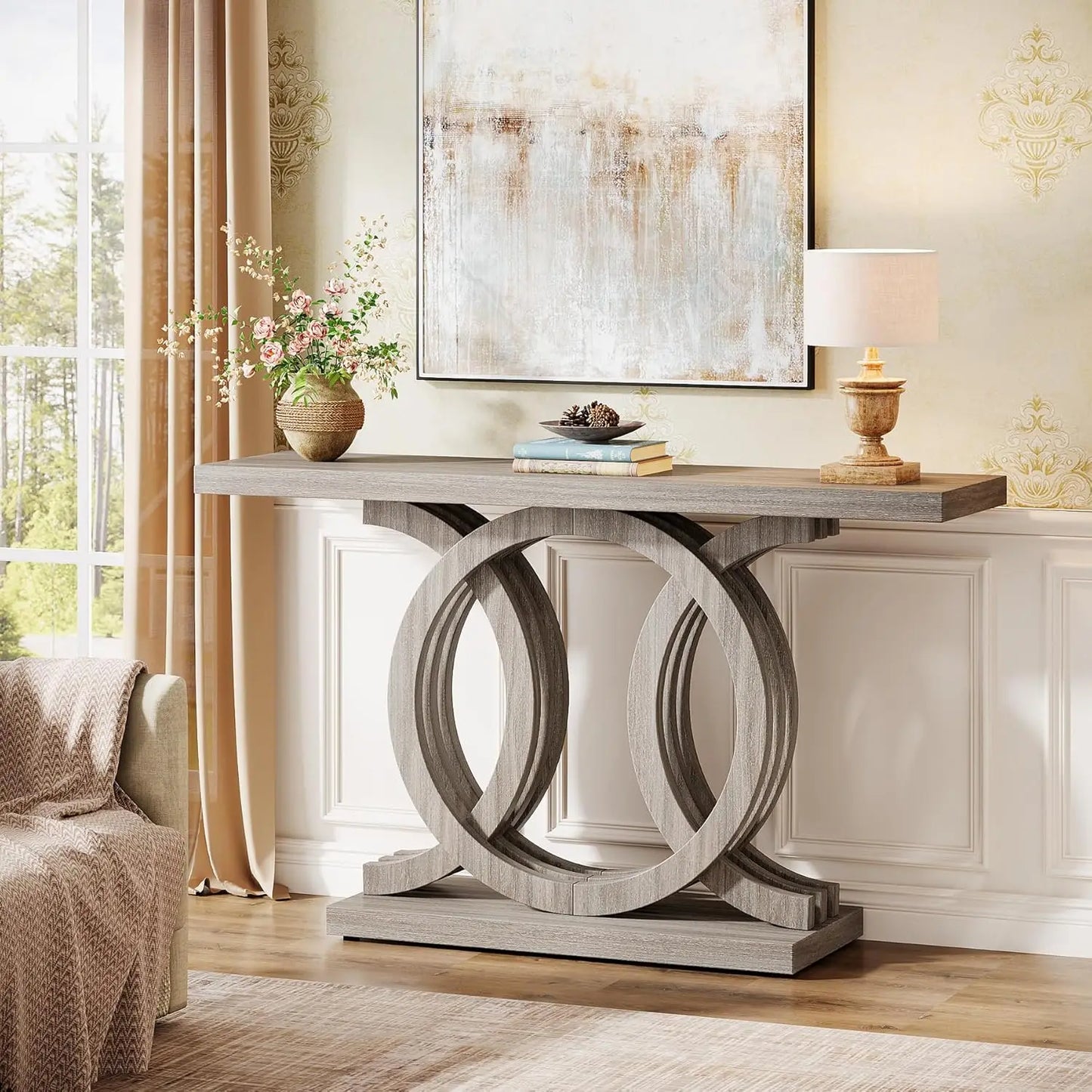 55-Inch Console Table with Geometric Wood Base,Modern Entryway Table with Thick Tabletop for Living Room, Hallway, Foyer (Gray)(Multiple colors)