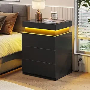 Nightstand with Charging Station and LED Lights, Led Nightstand with Sliding Top,Night Stand with Drawers, Modern End Table Side