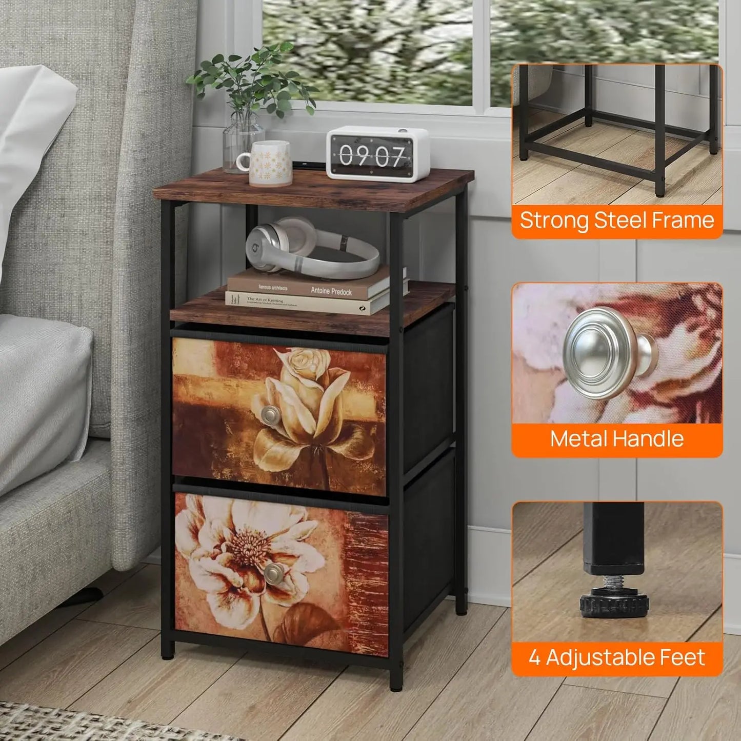 nightstand Set of 2 with Charging Station, LED Bedside Table w/USB Ports & Outlets,End Table w/2 Fabric Drawers and Open Shelf