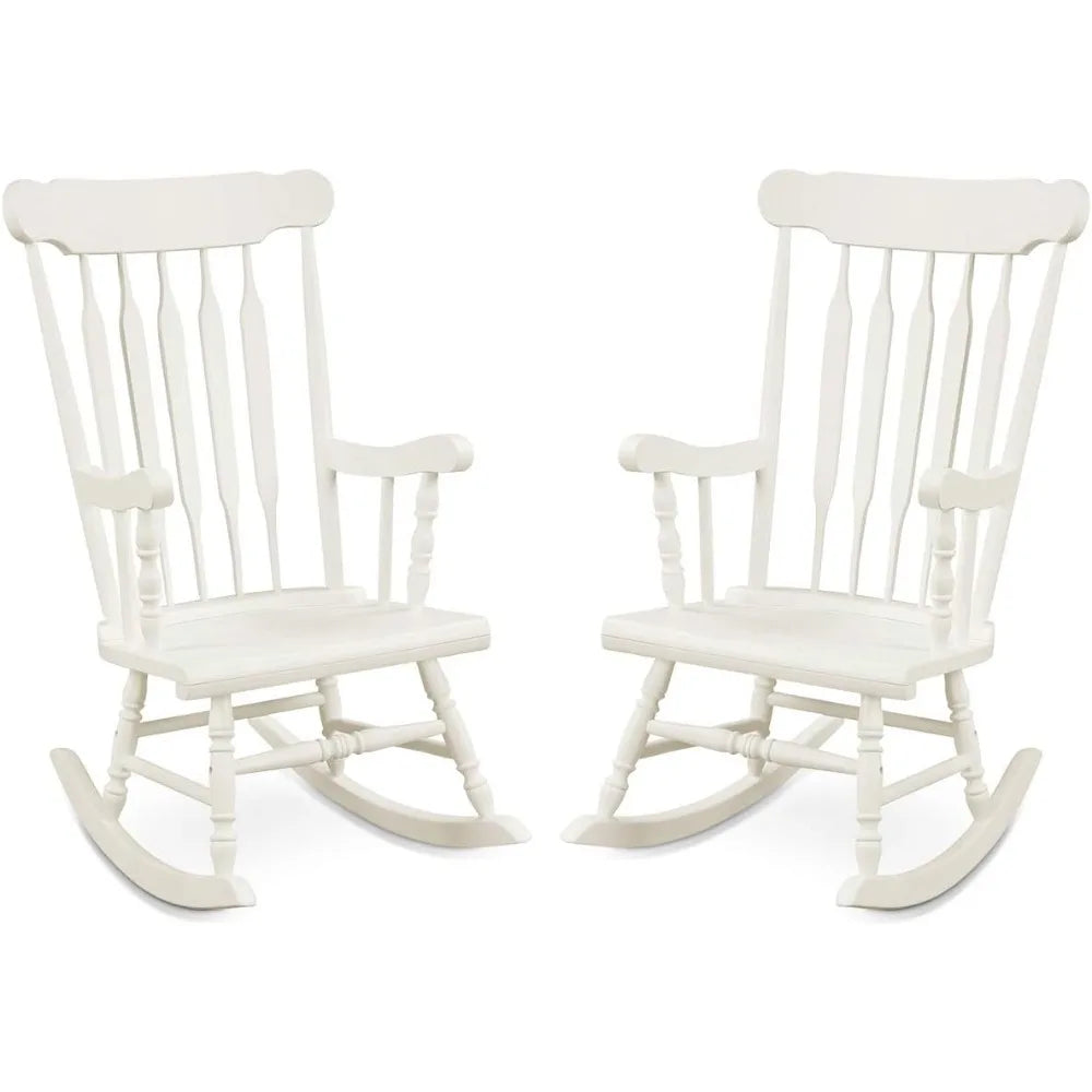 Outdoor Wood Rocking Chair Set of 2 - Patio Rocking Chair with Rubber Wood Frame, Slat Back, Outside & Indoor Rocker for Garden